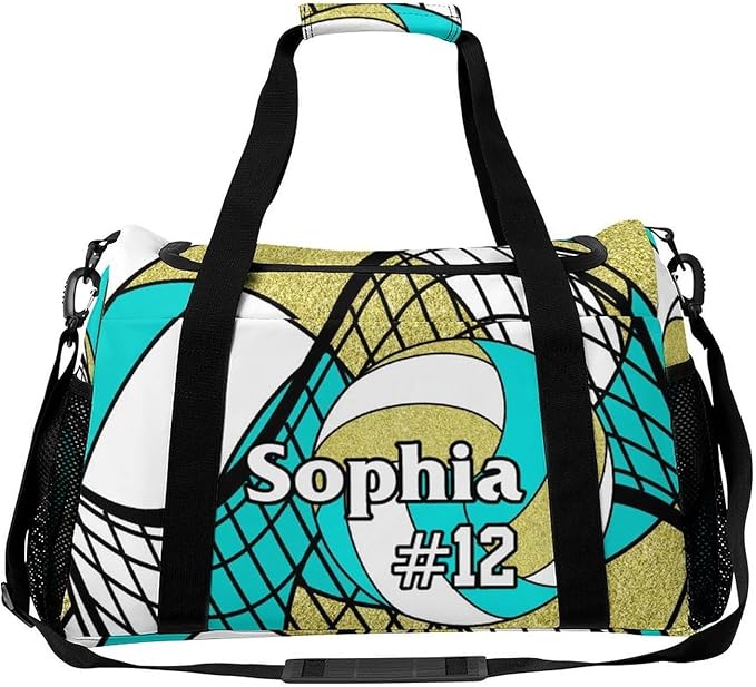 Custom Volleyball Turquoise Gold Duffel Bag with Name Personalized Travel Bags Sport Gym Bag Carry On Weekender Bags for Men Women