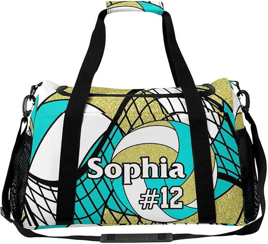 Custom Volleyball Turquoise Gold Duffel Bag with Name Personalized Travel Bags Sport Gym Bag Carry On Weekender Bags for Men Women