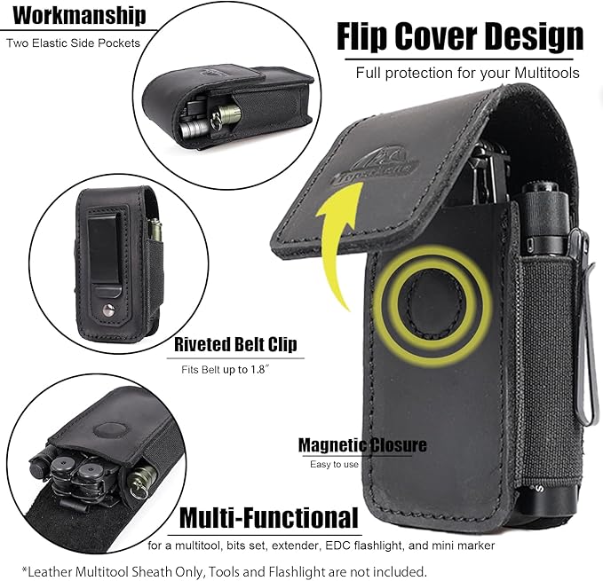 Topstache Leather Multitool Sheath with Belt Clip - EDC Multi Tool Holster for Folding Tool - Leather EDC Holster Pouch Belt Organizer - Magnetic Closure Multitool Case Sheath, M,Black