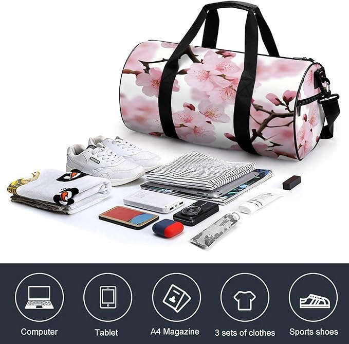 Sports Gym Bag for Women Men Travel Duffel Bag Tote Weekender Bag Cherry Japanese Cherry Blossom Carry on Overnight Bag for Travel Swimming Fitness Workout Sports Duffle Bag