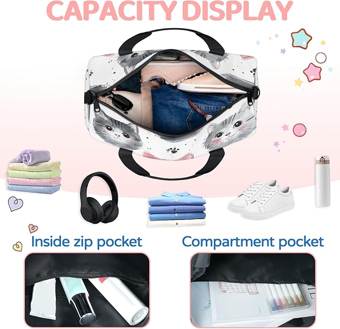 Funny Cat Kitty Travel Duffle Bag for Women Men, Overnight Weekender Bag, Carry on Tote for Sport Gym