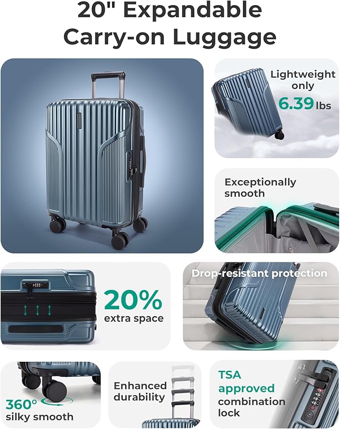 BAGSMART Carry On Luggage 22x14x9 Airline Approved, Lightweight luggage with Spinner Wheels, 20 Inch Expandable Hardside Carry On Suitcase with TSA Lock Rolling Travel suitcase Carry-On, Royal Blue