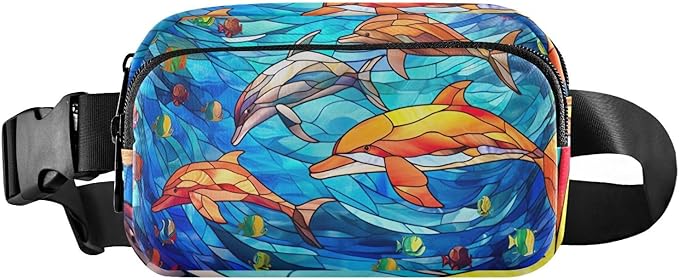 Stained Glass Printed Sea Dolphin Fanny Pack for Women Men Water Resistant Fashion Waist Packs with Adjustable Strap Belt Bag for Travel Workout Jogging Hiking 21219623