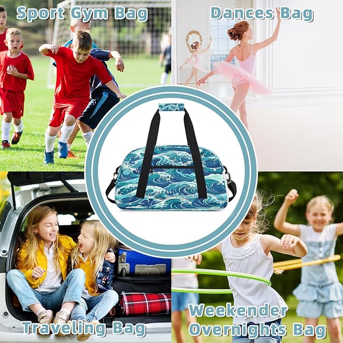 Blue Ocean Wave Pattern Sports Duffel Bags, Water-Resistant Gym Duffle Bag for Men Women, Lightweight Weekender Overnight Bag for Fitness, Workout, Travel