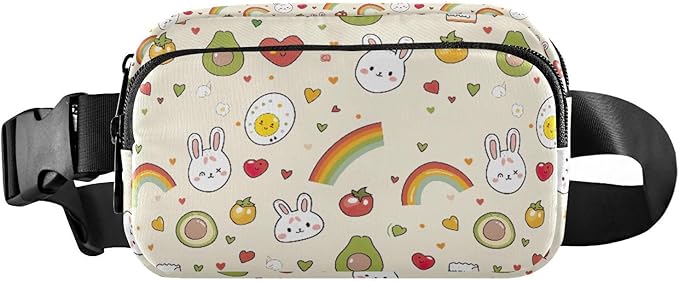 Kawaii Avocado Rabbit Rainbow Fanny Pack for Women Men Water Resistant Fashion Waist Packs with Adjustable Strap Belt Bag for Travel Workout Jogging Hiking 21219083