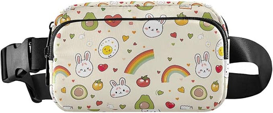 Kawaii Avocado Rabbit Rainbow Fanny Pack for Women Men Water Resistant Fashion Waist Packs with Adjustable Strap Belt Bag for Travel Workout Jogging Hiking 21219083