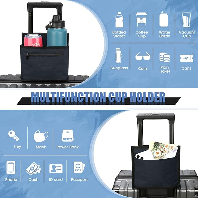 Luggage Travel Cup Holder Attachment for Suitcase Drink Carrier Caddy, Coffee Mug and Tumblers, Traveler Carry on Hands Free Accessory- Gifts for Flight Attendants Travelers Accessories- Navy
