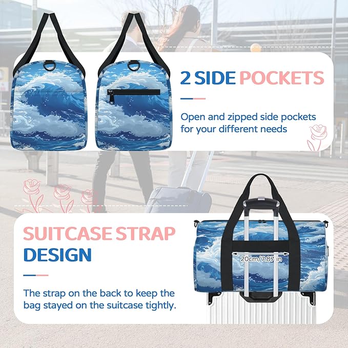 Waves Travel Duffle Bag for Women Men, Overnight Weekender Bag, Carry on Tote for Sport Gym
