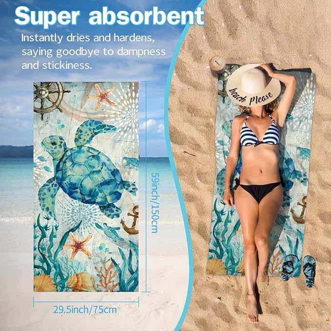 Turtle Beach Towel - 30x60 Inch Fast Dry Microfiber Towel, Lightweight & Versatile for Beach, Pool, Yoga, Travel, Ideal as Beach Blanket & Vacation Essential