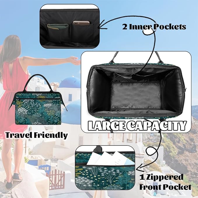 Teal Green Plant Pattern Overnight Weekender Bags for Women Men, Waterproof Travel Carry On Duffel Bag, Lightweight Sports Gym Bag for Fitness, Workout, Travel