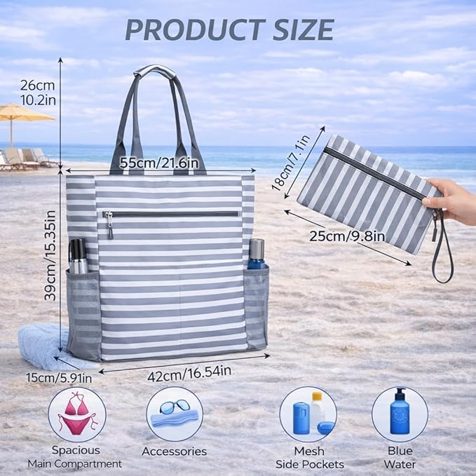Waterproof Foldable Tote Bag for Travel – Large Carry-On with Zipper Pocket for Beach, Gym, Airplane & Weekend Trips