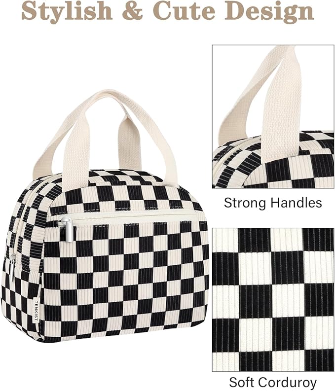 Cute Lunch Box Tote Bag - CoolerCorduroy Insulated Bags for Women - Lightweight Reusable Portable Soft Lunch Pail Kit for Kids Teen Girl Adults Work School Picnic Travel Checkered 8L