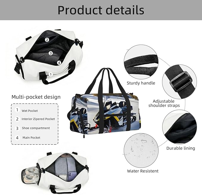 Advanced Snowmobile Print Gym Bag with Shoe Compartment for Women Men, 17.7in Sports Duffle Weekender Tote, Overnight Travel Duffel Bag Carry On