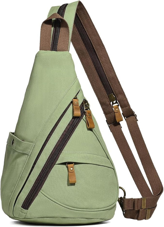 KL928 Canvas Sling Bag - Small Crossbody Backpack Shoulder Casual Daypack Rucksack for Men Women(MatchaGreen)