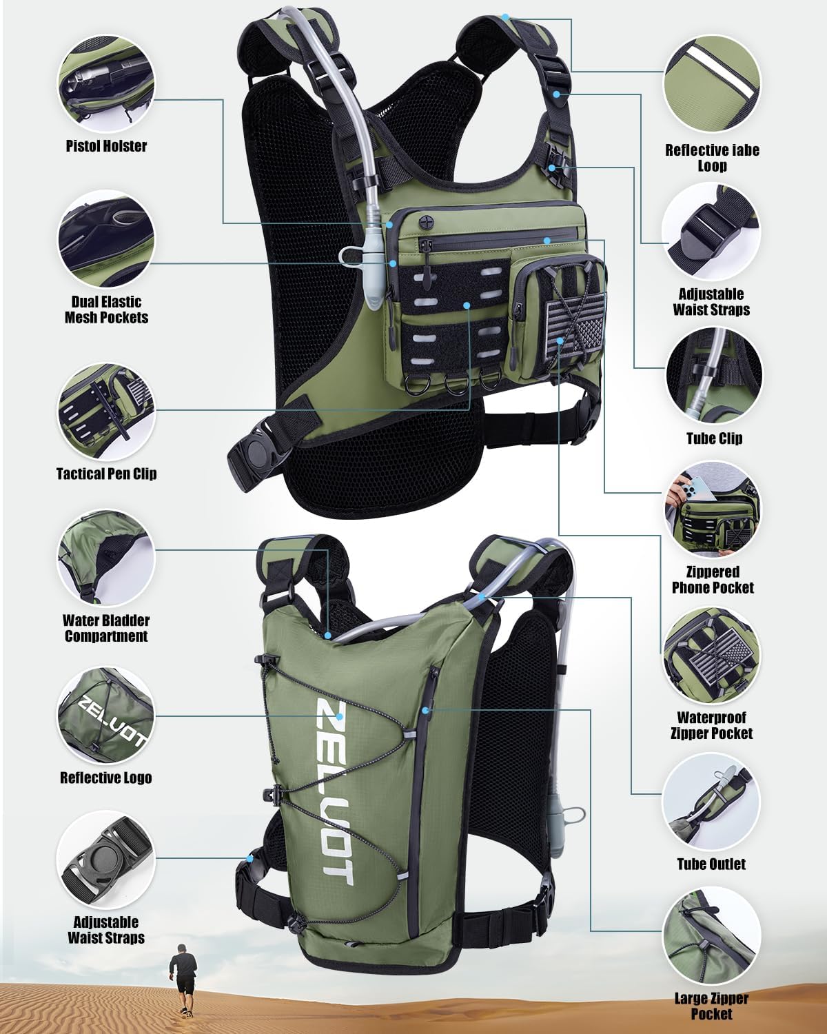 Running Vest with 2L Water Bladder, USA Original Patent, Lightweight Adjustable Chest Pack with Pistol Holster, Reflective Running Hydration Vest for Women Men for Marathon