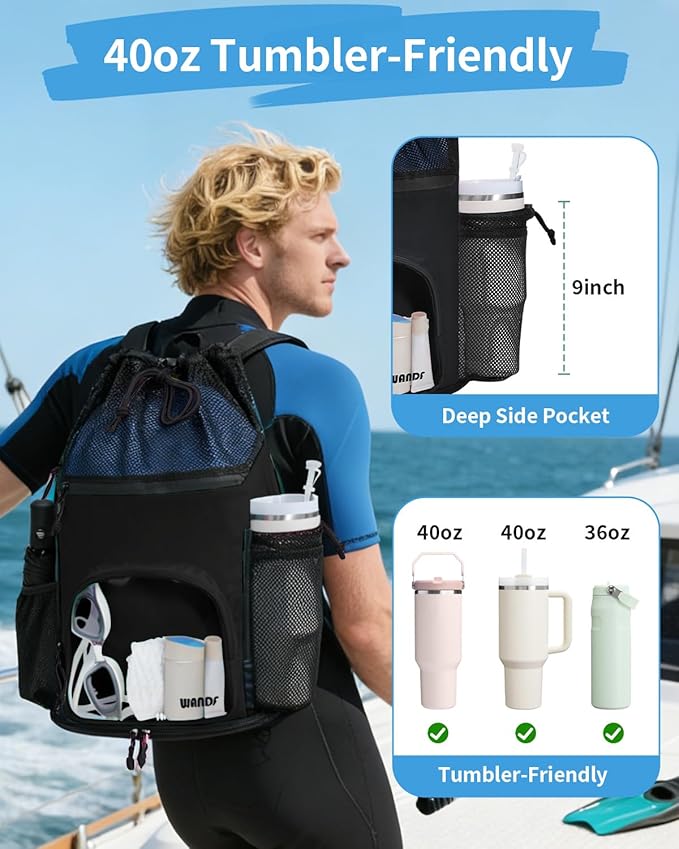 WANDF Swim Bag with Wet Pockets, Sandproof Beach Backpack with 40oz Tumbler Side Pockets, Mesh Drawstring Backpack Swim Bag for Swimming, Pool, Gym and Workout Gear (Black)