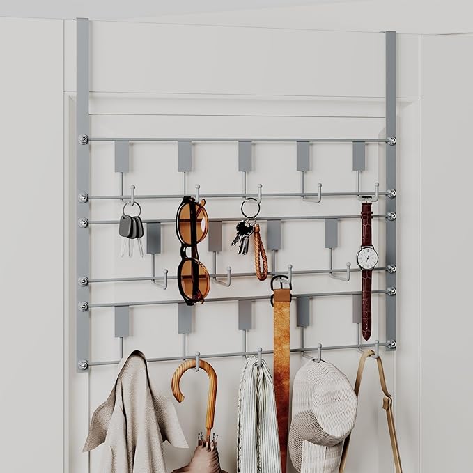 Over The Door Hooks for Hanging, 14 Hooks Over Door Coat Hanger, Coat Clothing Rack and Towel Rack for Bathroom Organizer, Door Hanger Organizer Kitchen, Bathroom Towel Storage Silver