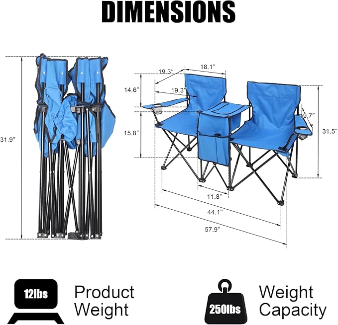 Outvita Folding Double Camping Chair w/Umbrella Beverage Holder Carrying Bag Cooler Fold Up Table, Large Bearing Capacity for Beach Patio Pool Park Outdoor Blue