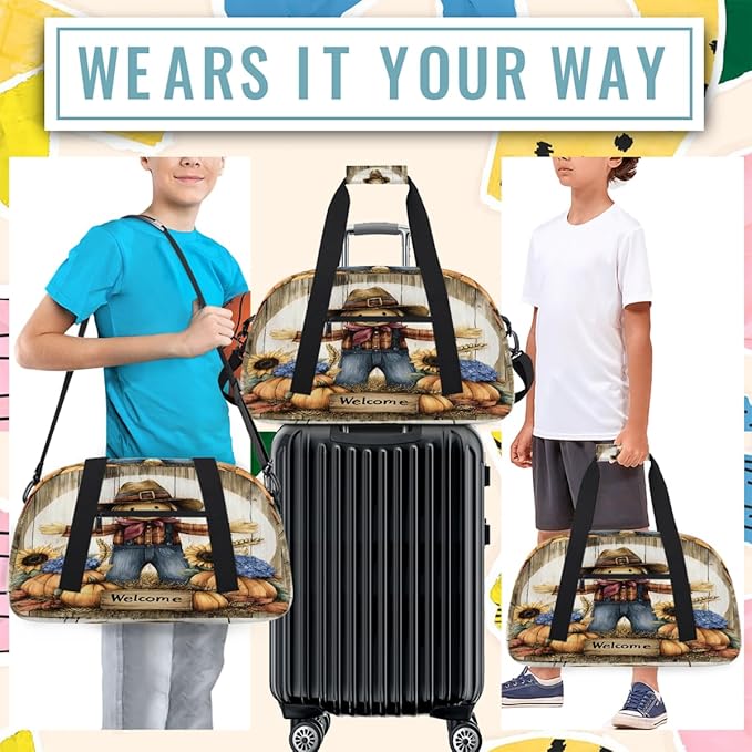 Travel Duffle Bag for travel duffle bag sports Girls Boys Kids Fall Scarecrow Pumpkin Lightweight Overnight Sleepover Weekender Bags Small Dance Gym Sport Bag Teens Carry-On Size Workout Bag