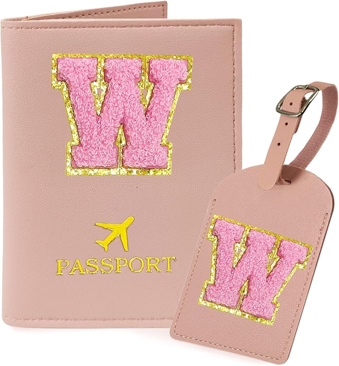 COSHAYSOO Initial Passport Cover Luggage Tag Set Letter Passport Holder Airplane Cruise Travel Essentials Vacation Traveling Accessories Personalized Gifts for Women Teen College Girls Pink W