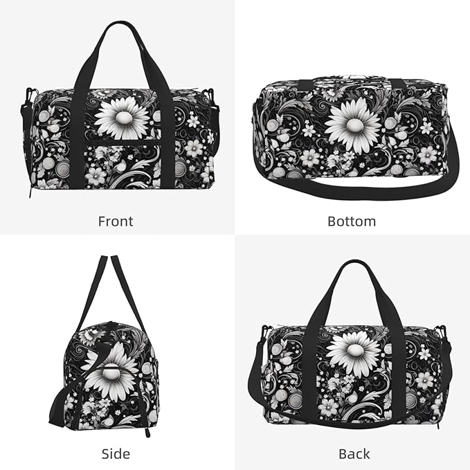 Black White Flower Sketch Sports Gym Bag For Men Women Travel Duffel Bag With Shoe Compartment Water Resistant Gym Bag Carry On Duffel Bag For Yoga Gym Sports Weekend Traveling