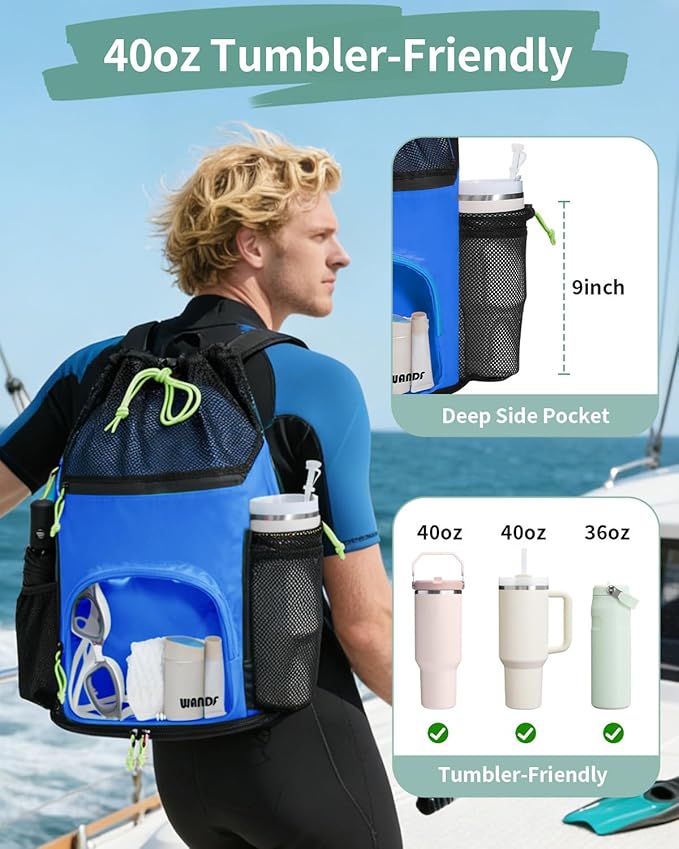 WANDF Swim Bag with Wet Pockets, Sandproof Beach Backpack with 40oz Tumbler Side Pockets, Mesh Drawstring Backpack Swim Bag for Swimming, Pool, Gym and Workout Gear (Blue)