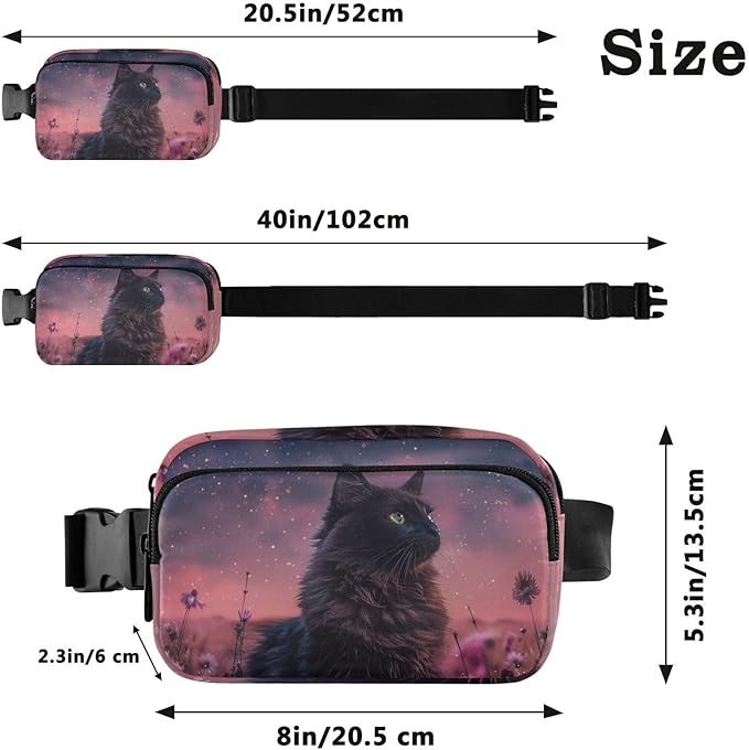 Black Cat Flower Fanny Pack for Women Men Water Resistant Fashion Waist Packs with Adjustable Strap Belt Bag for Travel Workout Jogging Hiking 21220533