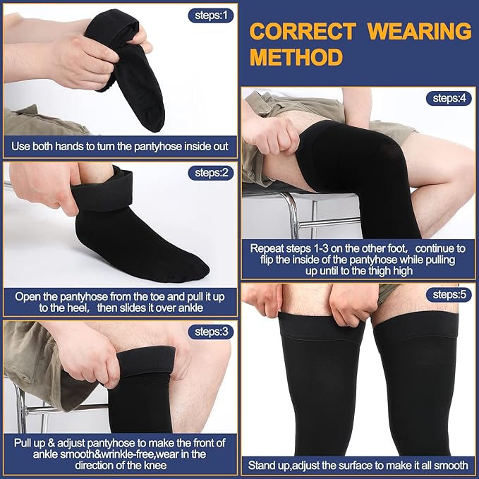 Zhanmai 2 Pairs Thigh High Men's Compression Socks 20-30 Mmhg Compression Stocking with Silicone Grip Men's Dress Socks (Large)