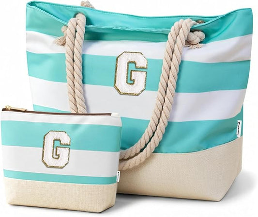 Vavabox Initial Beach Tote Bag for Women, Water-resistant Foldable Travel Beach Bag Set, Birthday Gifts for Women Mom