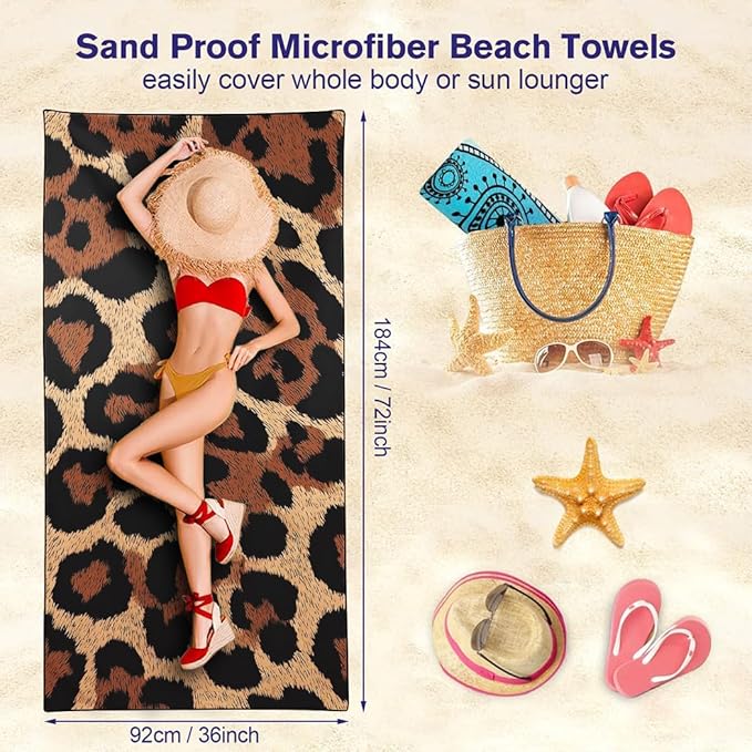 Leopard Print Beach Towel, 36"x72" Sand Free Quick Dry Thin Lightweight Microfiber Towel Gifts for Women Men