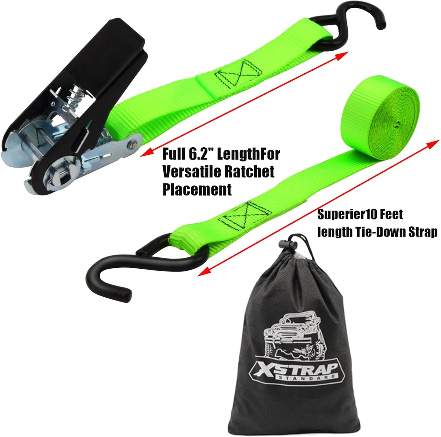 XSTRAP STANDARD Ratchet Tie Down Straps 4 Pk 10 Ft- 300 Lbs Load Cap- 900 Lbs Break Strength-Cargo Straps for UTV, ATV, Pickup,Truck, Moving Appliances, Lawn Equipment, Neon Green