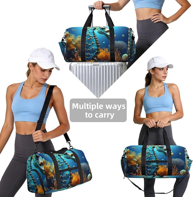 Blue Seahorse Print Gym Bag with Shoe Compartment for Women Men, 17.7in Sports Duffle Weekender Tote, Overnight Travel Duffel Bag Carry On