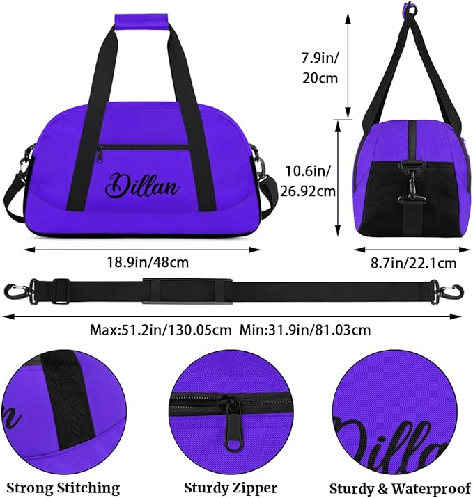 Custom Name Gym Duffel for Kids,Personalized Sports Bag Lightweight Gym Bags for Boys & Girls,Fitness Travel Weekender for Travel, and Workout Violet