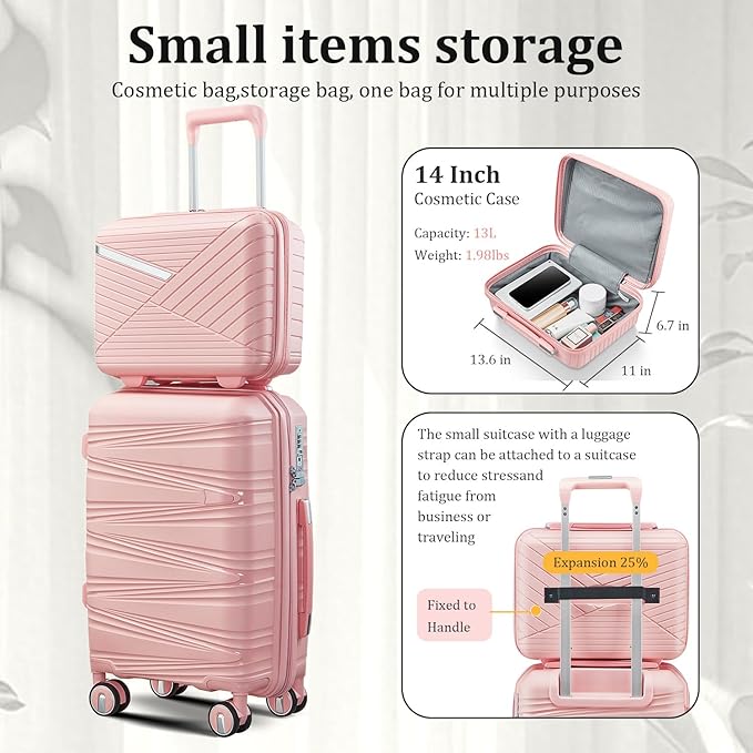 6 Piece Luggage Set PP Hardshell, Expandable Suitcase Set with Spinner Wheels (20/24/28), Includes 14" Cosmetic Case, Travel Duffel & Toiletry Bag, Lightweight TSA Lock Nested Set (Pink)