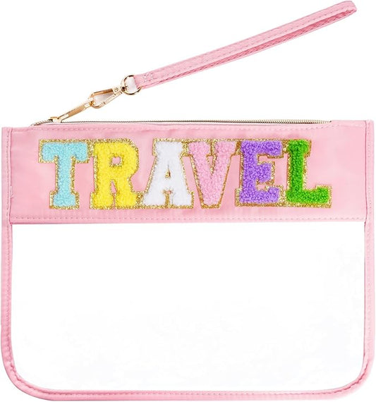 Chenille Letter Bag, Multi-purpose Nylon Clear Makeup Cosmetic Bags Flat Pouches with Zipper for Travel, Gym, Beach (Pink-Travel)