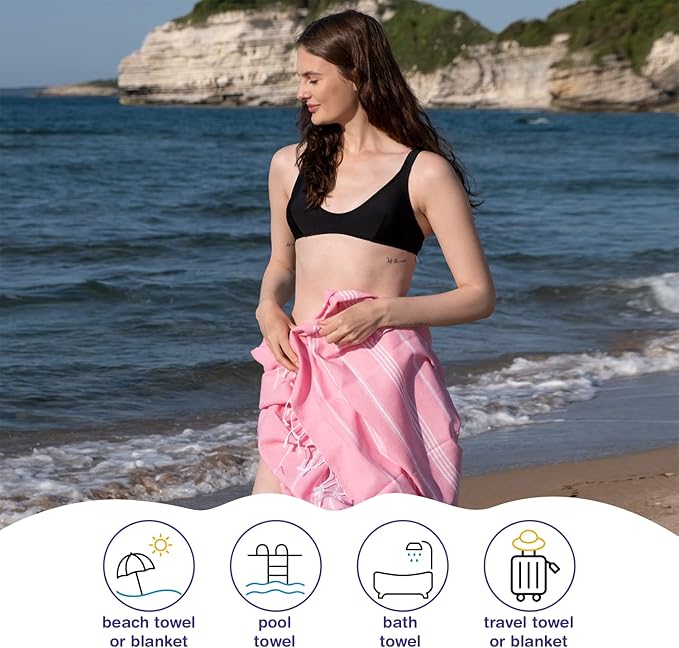 Turkish Beach Towels, Bulk Case of 36 | Oversized, Quick Dry, Sand Free | 100% Cotton, Large 38x71 Towels for Beach, Pool, Travel | Ultra-Soft, Compact, Absorbent | Pink