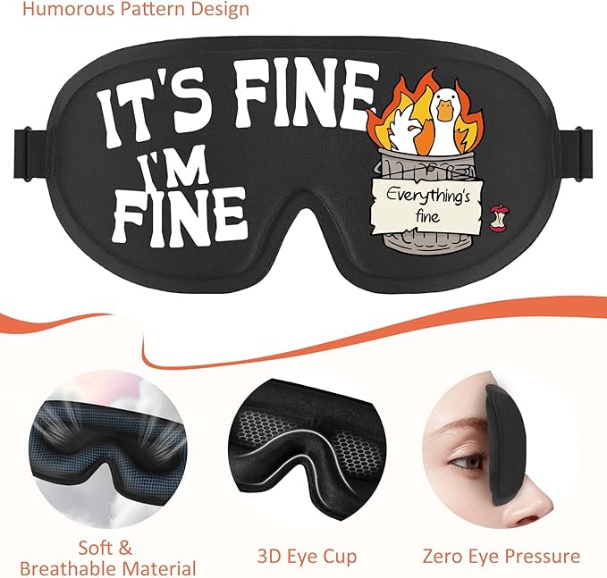 Funny 3D Zero Pressure Sleep Eye Mask for Men Women Side Sleeper, Adjustable Blackout Soft Breathable Eye Masks for Travel Nap Night Sleep, Humorous Gift Stocking Stuffers (I'm Fine)