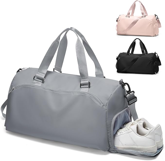 Gym Bag for Women with Shoe Compartment Lightweight Travel Duffle Bags Carry on Bag Overnight Weekender Duffel Bag with Wet Pocket Personal Item Travel Bag Tote Bag Workout Dance Bag Grey