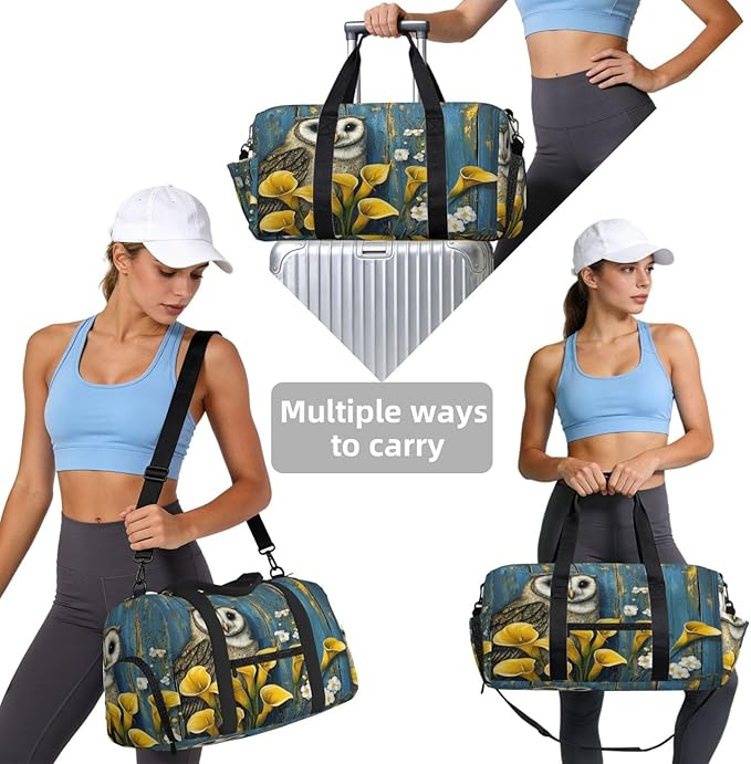 Sports Gym Bag Owl Yellow Calla Lilies Wooden Board Travel Duffel Bag With Shoe Compartment Shoulder Strap, Lightweight Water-Resistant Weekend Overnight Totes For Women Men