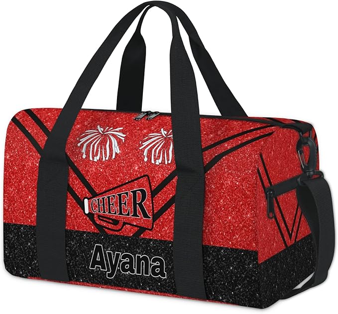 Personalized Travel Sports Bag for Teens, Custom Name Cheerleader Dance Gym Overnight Small Duffel Tote Bag for Practice Gymnastics Ballet, Red Glittering Cheerleading