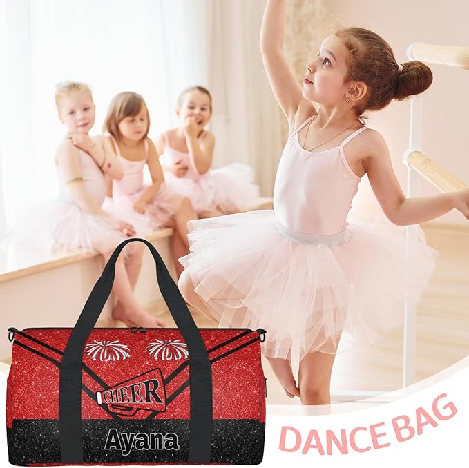 Personalized Travel Sports Bag for Teens, Custom Name Cheerleader Dance Gym Overnight Small Duffel Tote Bag for Practice Gymnastics Ballet, Red Glittering Cheerleading