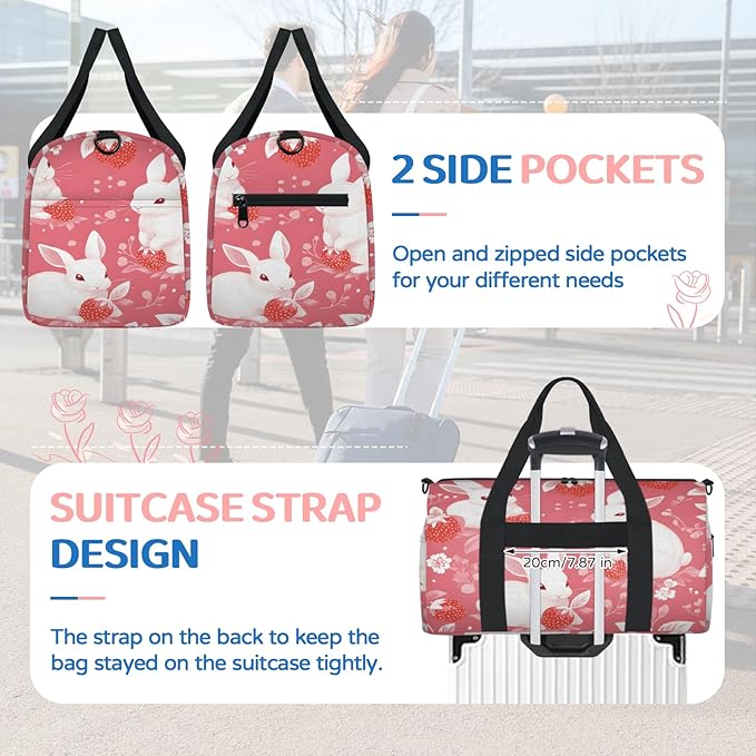 Easter Strawberries Rabbits Travel Duffle Bag for Women Men, Overnight Weekender Bag, Carry on Tote for Sport Gym