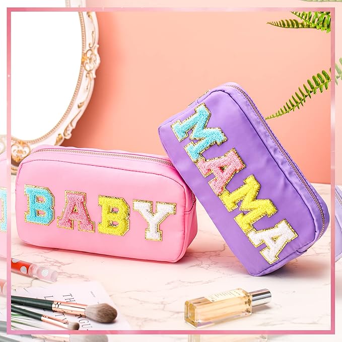 Sanwuta 2 Pieces Mama Gifts Makeup Bag Mom Pouch Birthday Gifts Nylon Cosmetic Bag Mothers Day Appreciation Toiletry Preppy Patch Chenille Letter for Women Her New Mom(Purple, Pink,Baby and Mama)