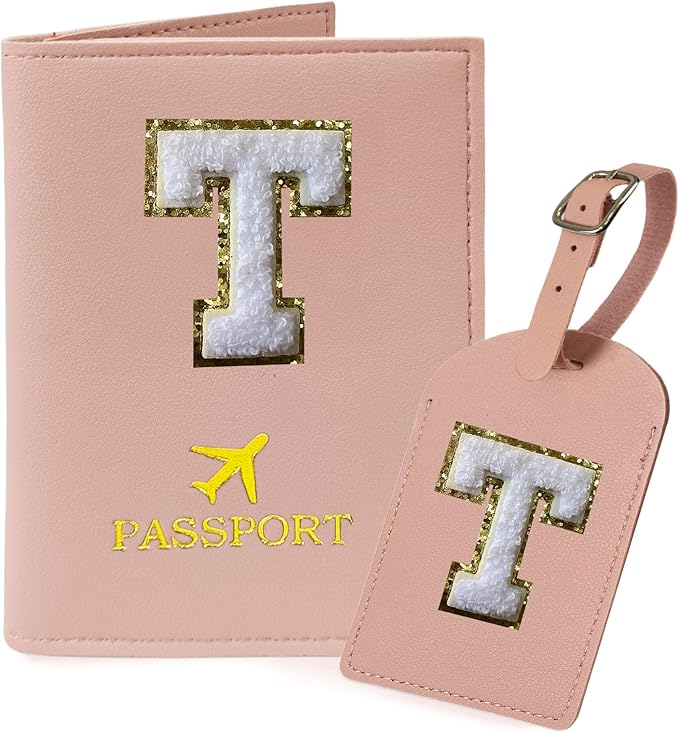 COSHAYSOO Personalized Passport Cover Holder and Initial Luggage Tag Set with Chenille Letter Patch for Women Teen Girls Couples, Preppy Travel Bag Suitcase Identifier Pink T