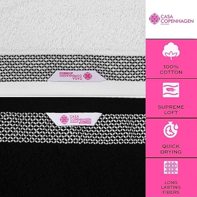 CASA COPENHAGEN Solitaire 6Pcs 100% Egyptian Cotton Large Designer Towels Gift Set- White-Jet Black, 600GSM, 2Bath 2Hand 2Washcloths, Bath Towels for Bathroom Set for Women & Men