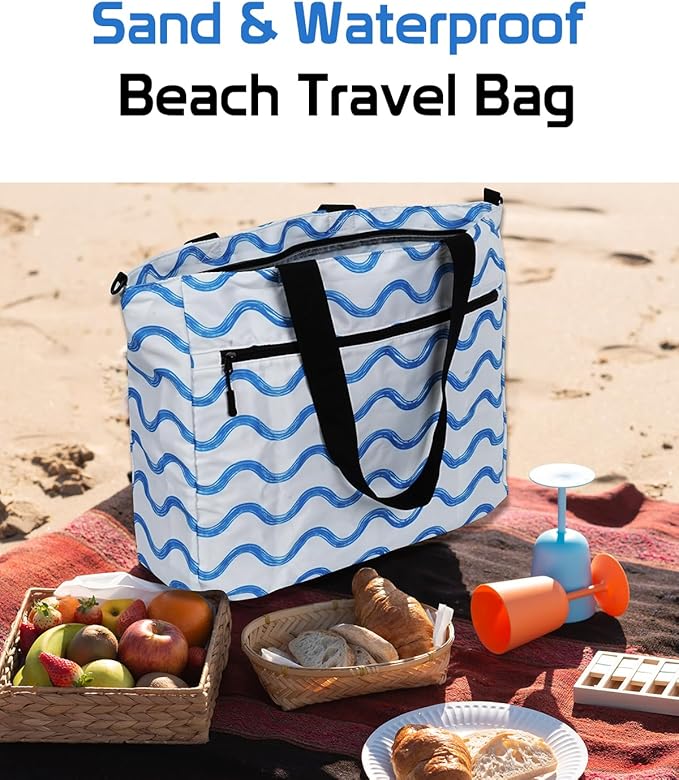 Beach Bags Waterproof Sandproof, Foldable Travel Tote Bag, Large Capacity Pool Bag With Zipper, Lightweight Swim Bag Women Men, Family Tote for Cruise, Boat, Gym, Vacation