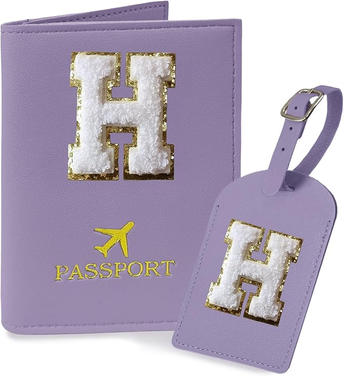 COSHAYSOO Purple Initial Passport Cover Holder and Luggage Tag Set TSA Approved with Letter Name Patch for Women Teenage, Travel Passport Book Vaccine Card Combo Bag Suitcase Identifier (H)