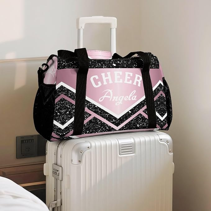 Personalized Name Sports Player Duffel Bags Pink Cheerleading Black Sparkle Print Travel Perform Training Casual Bag for Man Women Multifunctional Bags