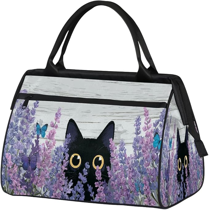Travel Duffel Bag, Cute Black Cat Butterfly Waterproof Sports Gym Duffle Bag, Large Capacity Weekender Carry On Overnight Bags for Women Men
