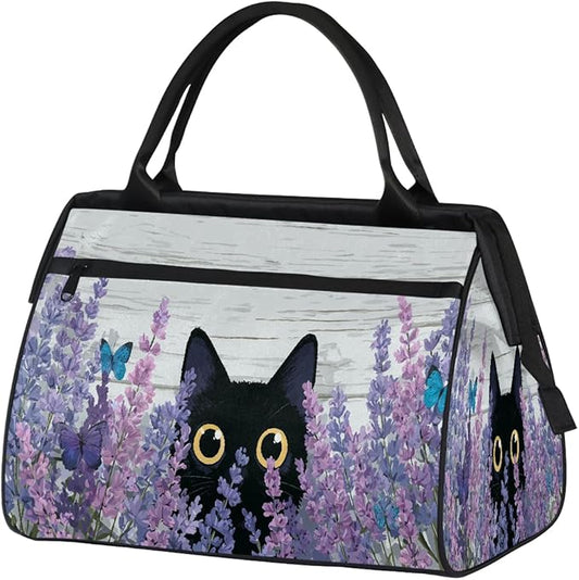 Travel Duffel Bag, Cute Black Cat Butterfly Waterproof Sports Gym Duffle Bag, Large Capacity Weekender Carry On Overnight Bags for Women Men